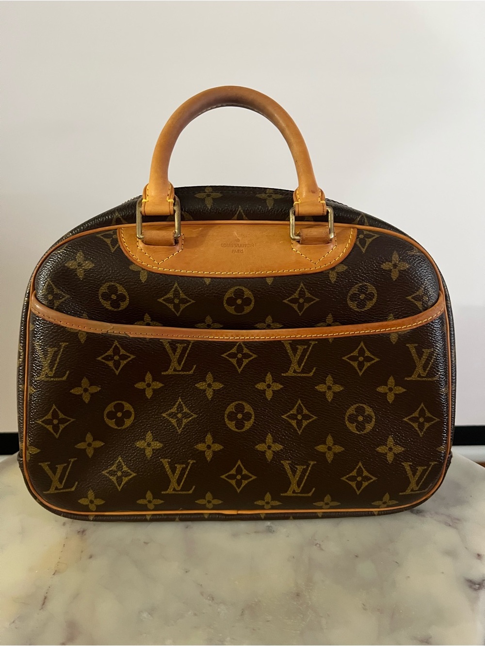 Authentic Louis Vuitton Brown Monogram Trouville with Tan Leather Handles
